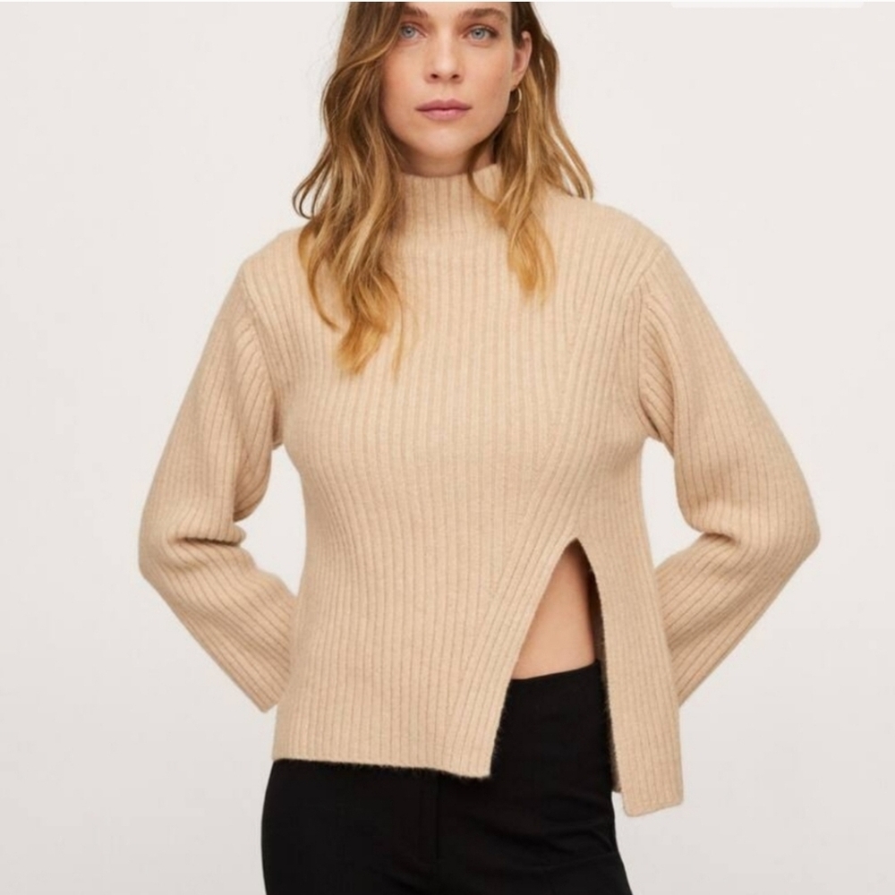 Mango Beige Side Slit Ribbed Turtleneck Sweater